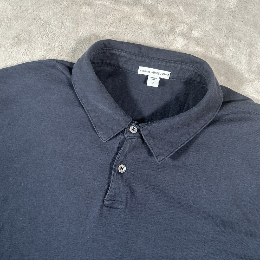 James Perse Sueded Jersey Polo Shirt Mens Large 3 Deep Blue Made In USA Casual